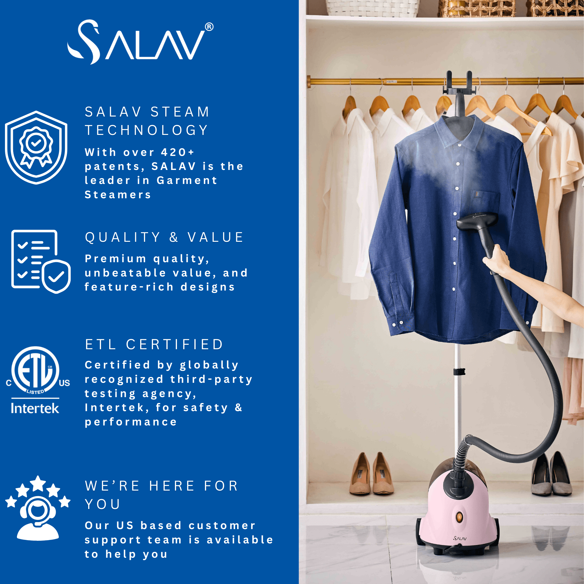 SALAV Continuous Steam Upright Standing Garment Steamer with Extra Large Water Tank Pink