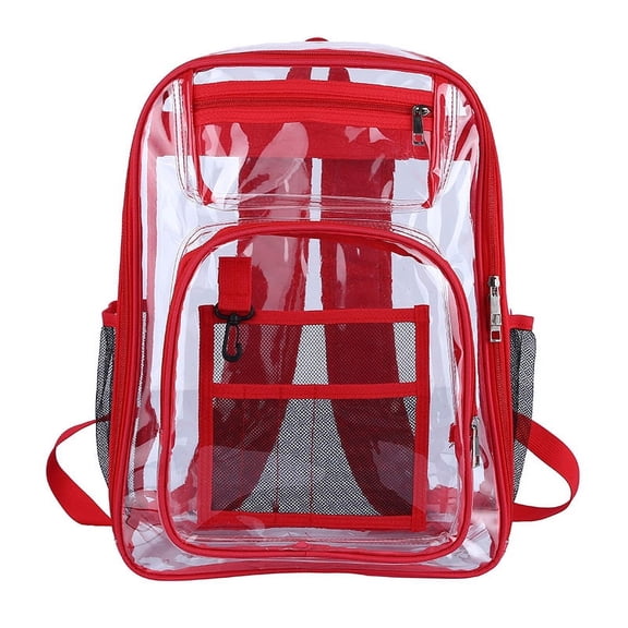 Clear Backpack for School Stadium Heavy Duty PVC Transparent Extra Large Capacity School Bag Travel Work Unisex 17'' Red