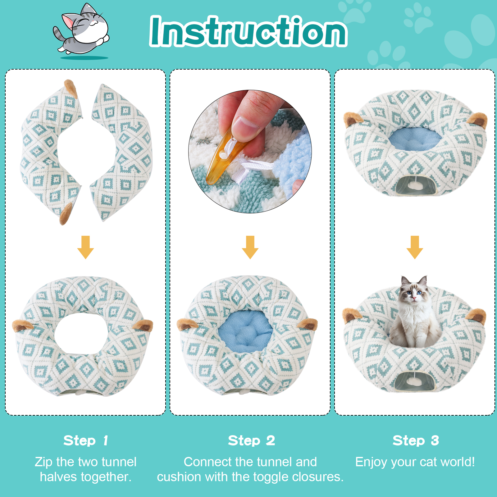 Cat Tunnel Bed with Soft Cushion, Cat Donut Tunnels for Indoor Cats, Peekaboo Cat Cave Toy, Multifunctional Playground Toys for Kittens, Rabbit, Blue Jacquard Pattern