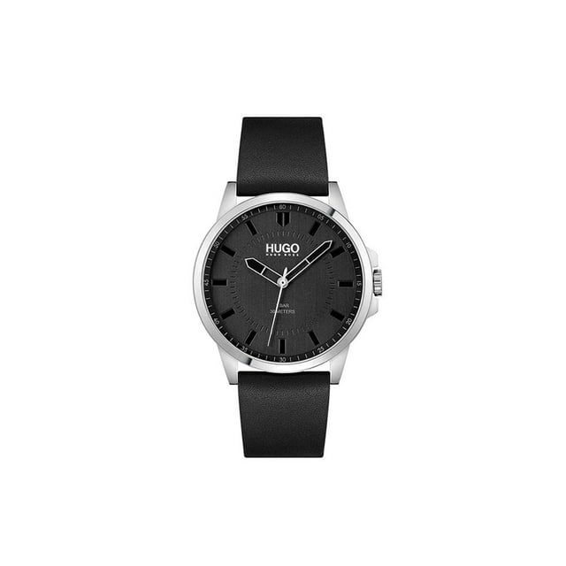HUGO #First Reloj casual de cuarzo para hombre con correa de cuero y acero inoxidable Color: Negro (Modelo: 1530188)