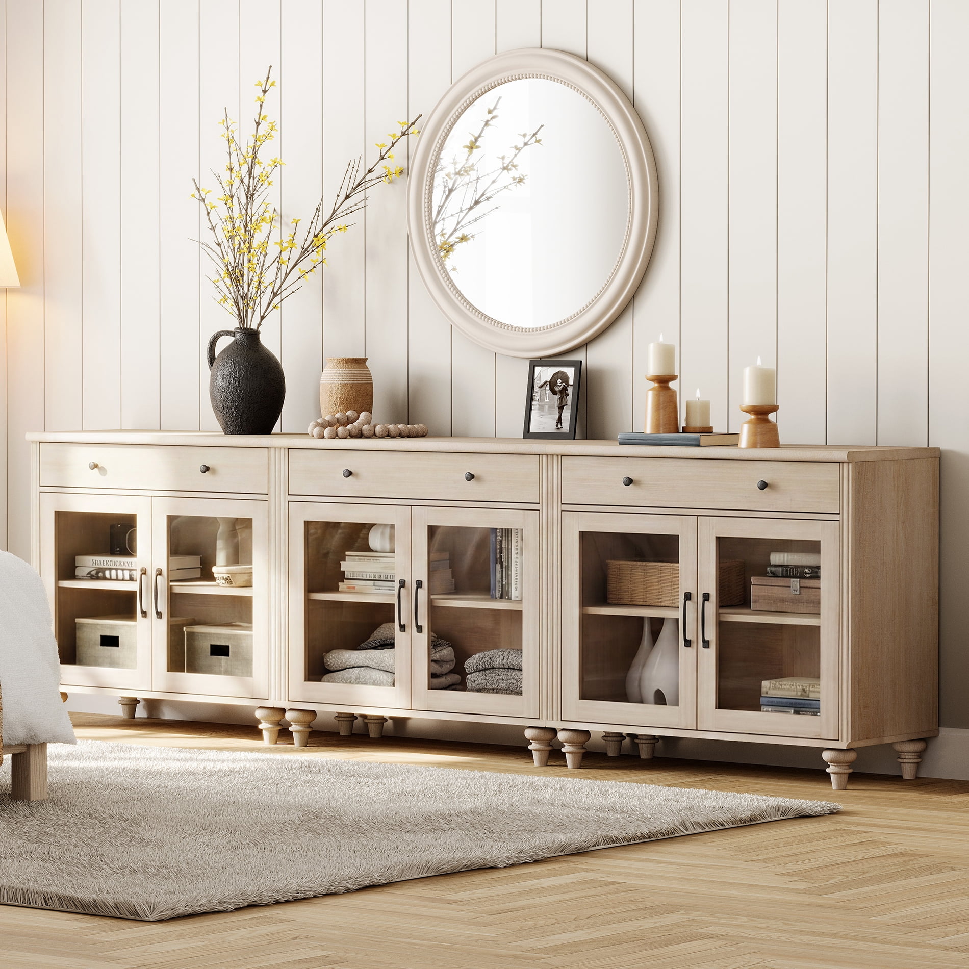 TV Stand For 100 Inch TV Inch TV, 3-In-1 TV Console Table For 75/80/85/90 Inch TV, Entertainment Center With 3 Drawers And 6 Doors, Beige