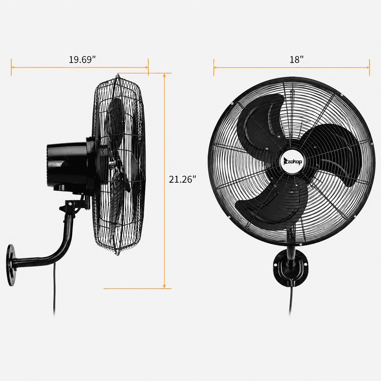 Alvantor 18-Inch Wall Mount Fan, 3-Speed Oscillating Fan, 4592 CFM, 110V, Black