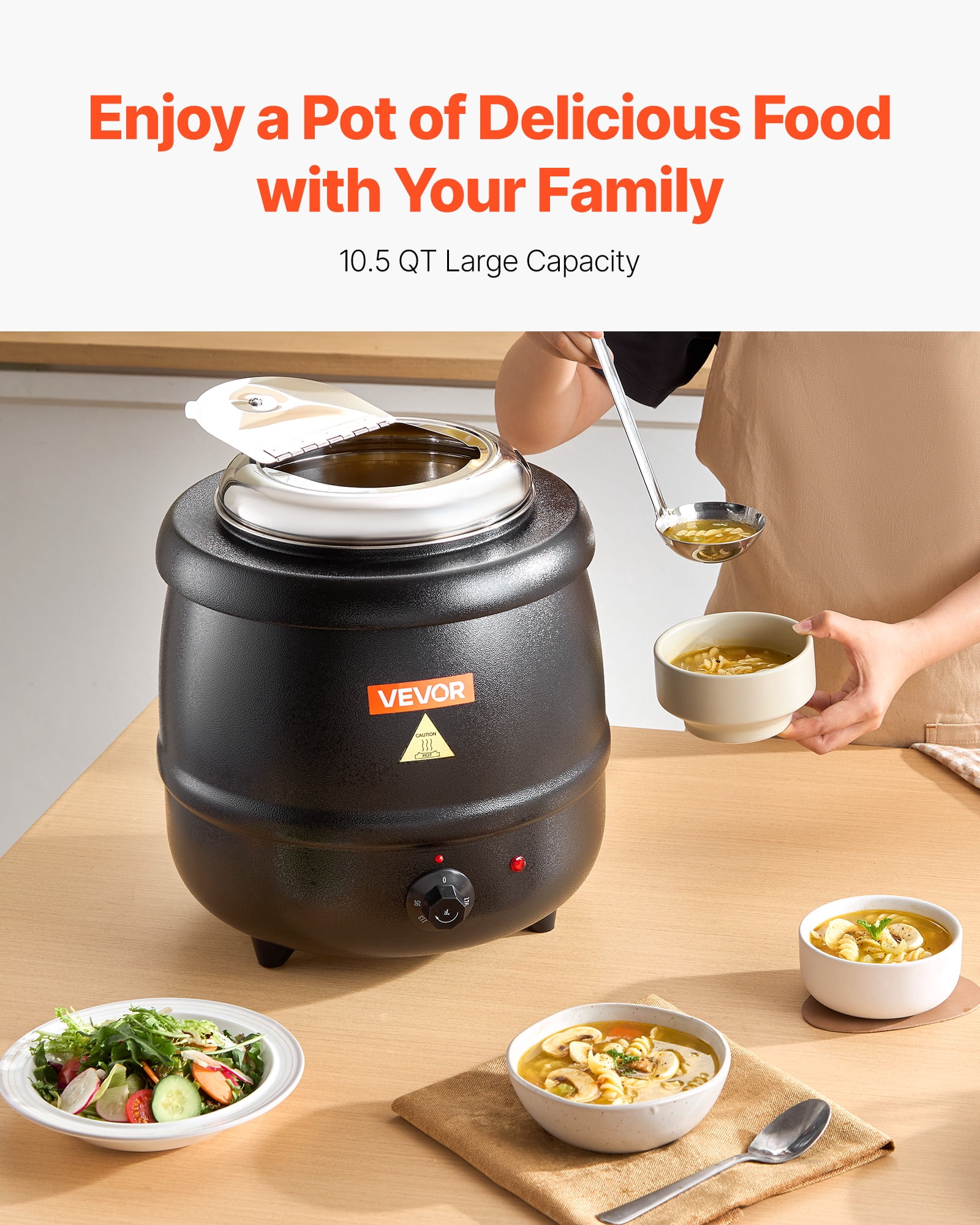 VEVOR Electric Soup Warmer, 10QT Commercial Soup Kettle with 304 Stainless Steel Detachable Insert Pot, 95~176°F Adjustable Temperature, Soup Station for Restaurant and Big Family, Black