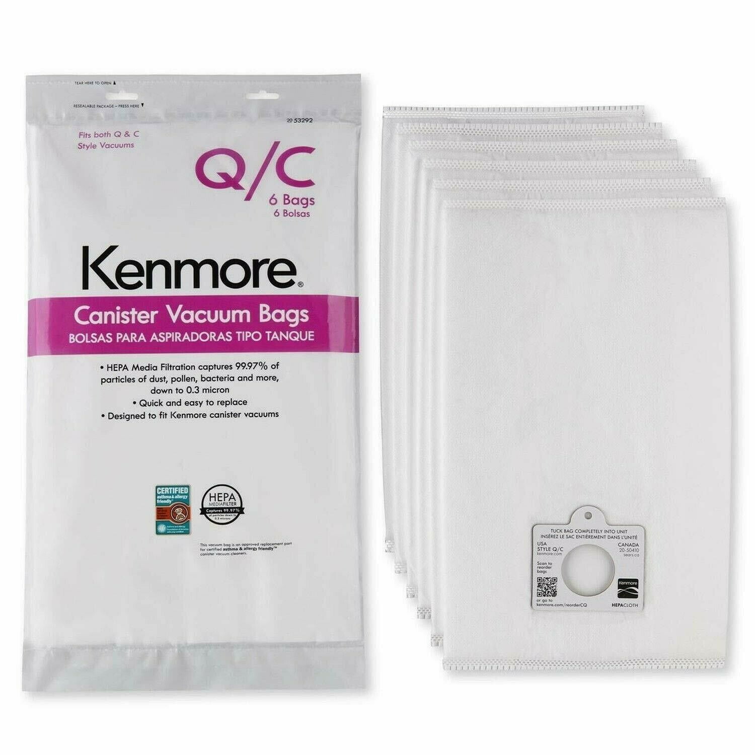 Kenmore 53292 Type Q/C Vacuum Bags HEPA for Canister Vacuums Style 6 Pack NEW