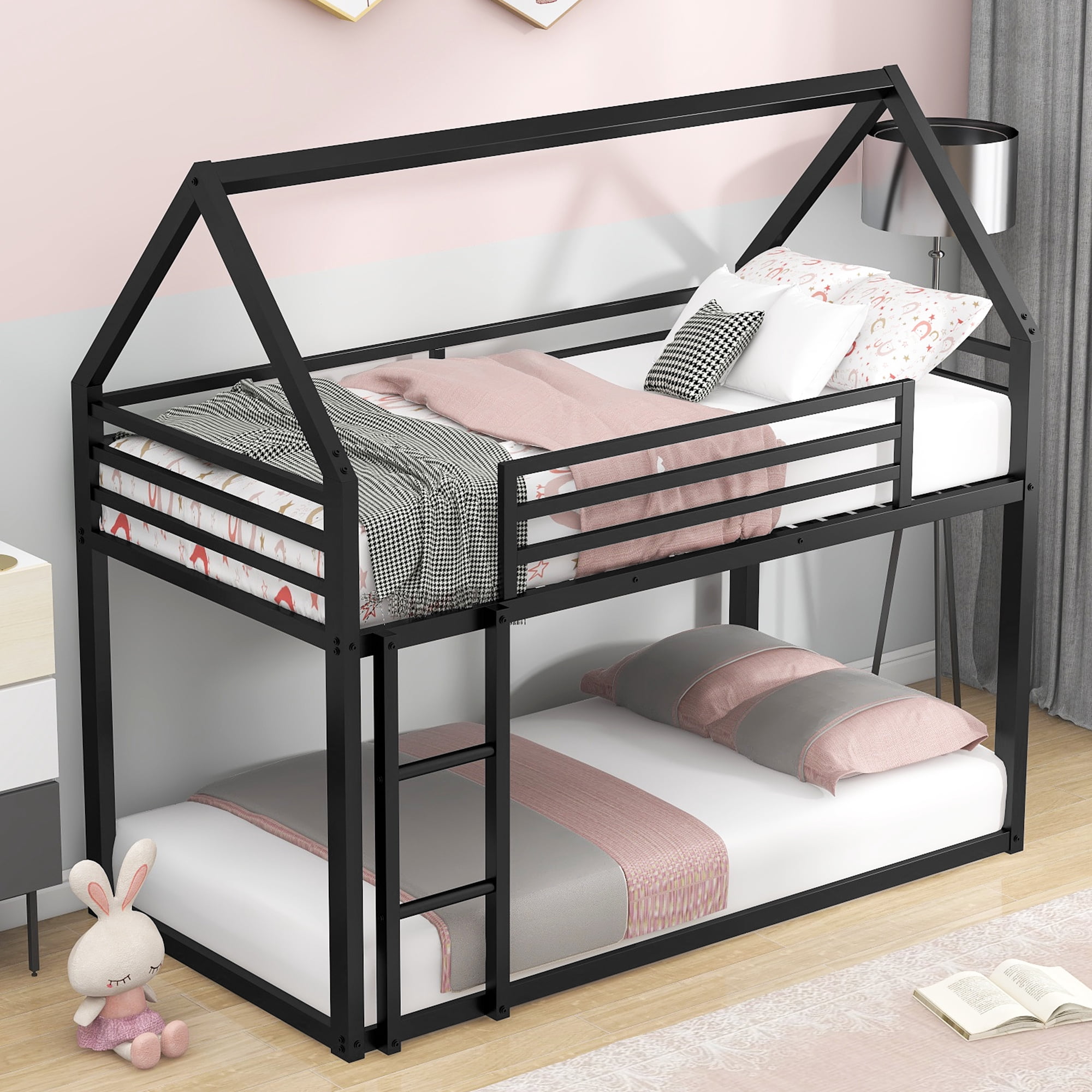 Euroco Twin Over Twin House Bunk Bed with Built-in Ladder for Kids Teens, Black