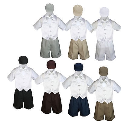 

5pc Boy Toddler Formal White Vest Bow Tie Black Brown Khaki Navy Hat Shorts S-4T