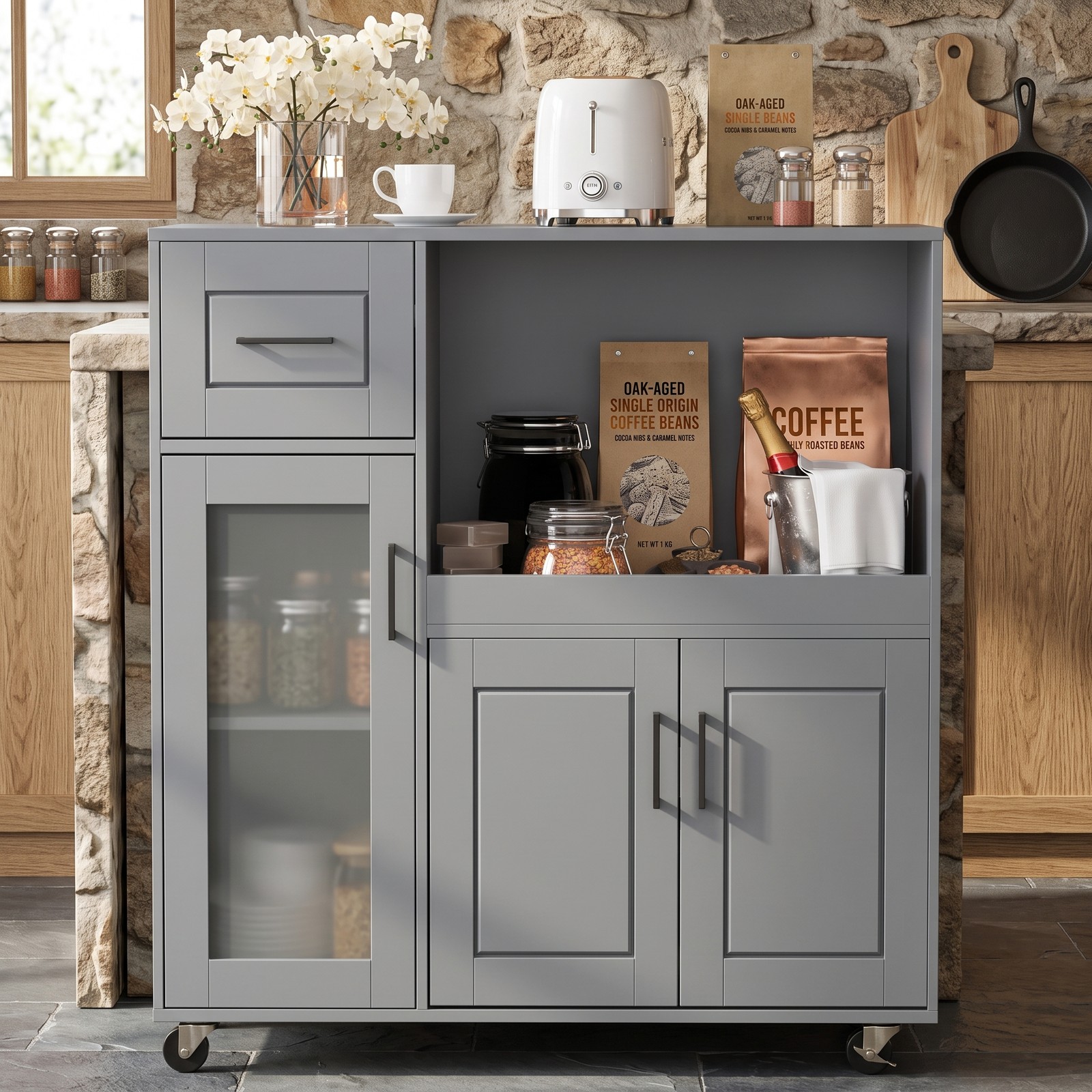 Furnibear Rolling Kitchen Island Cart with Wheels, Drawer, Frosted Glass Door Cabinet and Adjustable Shelf, Mobile Storage Trolley for Kitchen Dining Room, Gray
