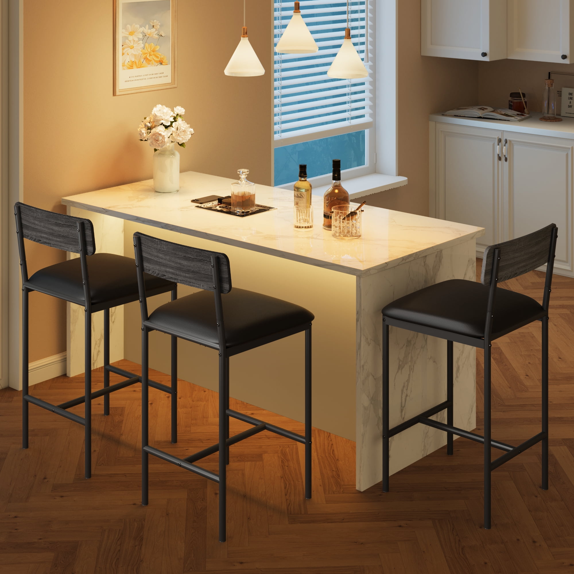 Bar Stools Set of 2, Upholstered Height Bar Stools with Backrest and Footrest, Kitchen Barstools for Island, Counter Bar, Easy Assembly, Grey