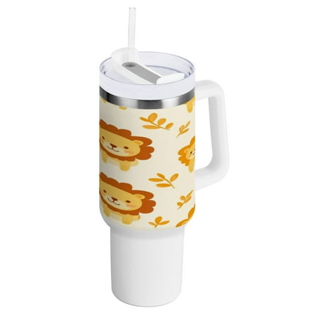 

40 Oz Car Handle Water Bottle 10.8x3.85 Inch Handle And Straw Travel Water Bottle Reusable Stainless Steel Water Bottle Cute Little Yellow Lion