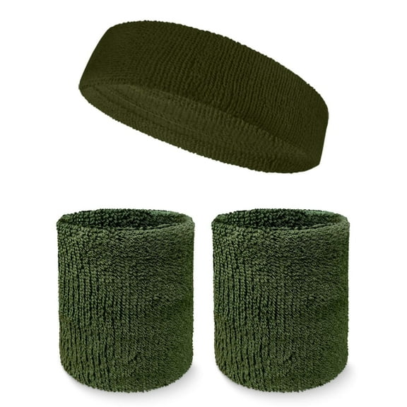 COUVER Unisex Athletic Sports Headband Wristband Sweatbands Set (1 Headband & 2 Wristbands), Army Green, One Size, 1 Set