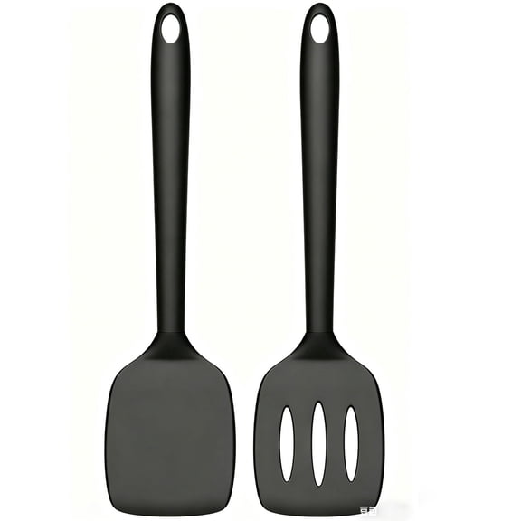 2 Pack Silicone Spatula Set, High Heat Resistant, BPA Free Kitchen Spatula, Solid & Slotted Turner for Non-Stick Pans, Sautéing, and Flipping (2, PureBlack)