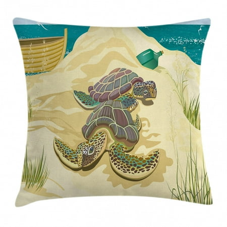 Turtle Throw Pillow Cushion Cover, Illustration of Two Sea Turtles on Sandy Summer Beach Boat Grass Bottle, Decorative Square Accent Pillow Case, 18 X 18 Inches, Light Yellow Green Teal, by Ambesonne