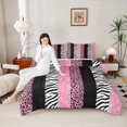 thumbnail image 4 of Manfei Zebra Cheetah Print Queen Comforter Set, Geometric Stripe Bedding Sets, Pink White Black Aesthetic Bedding Comforter Set for Girls, Ultra Soft Home Decor 3 Pieces, 4 of 8