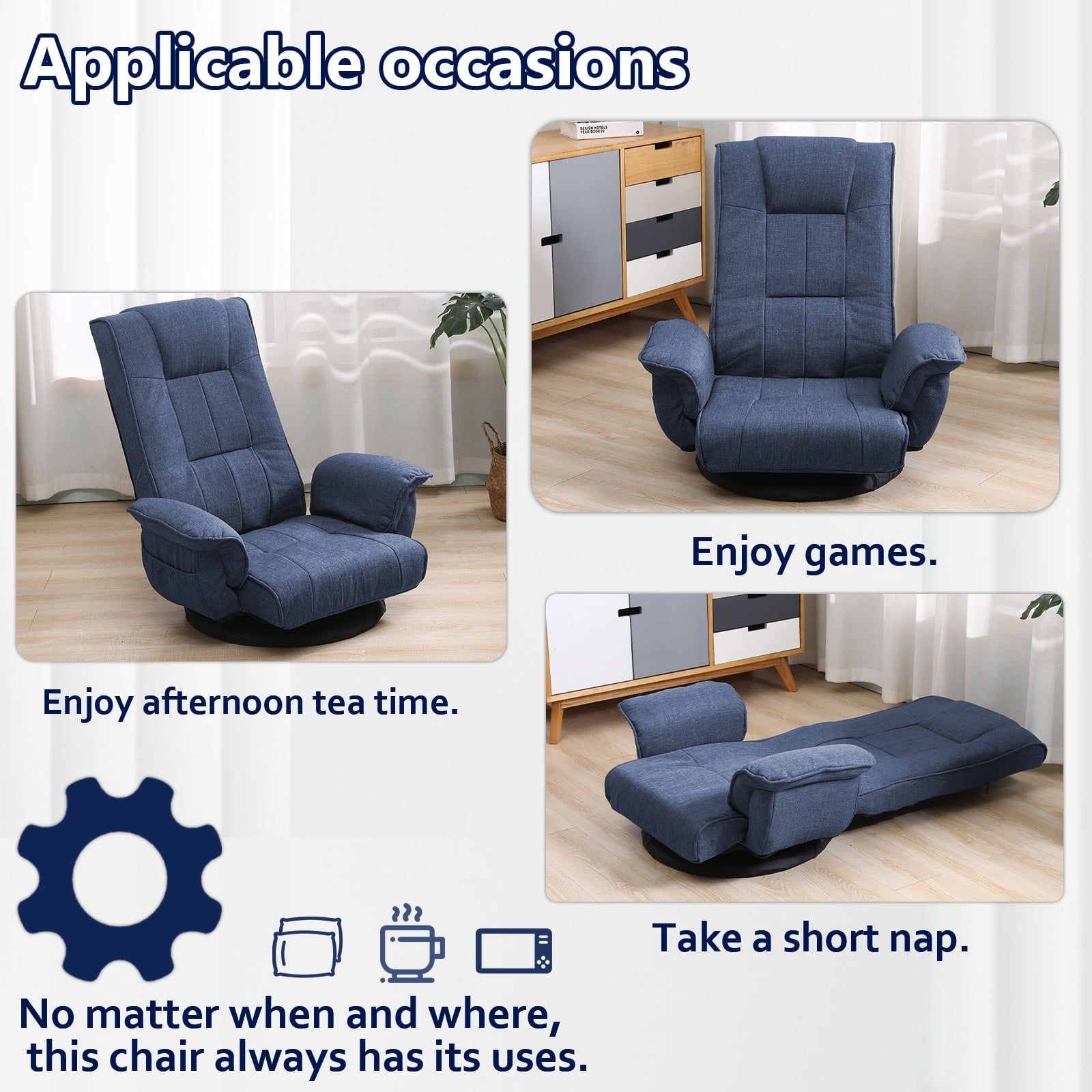 360 Degree Swivel Floor Chairs for Adults, Gaming Floor Chair with Back Support, 14 Angles Adjustable Comfortable Floor Lounge Chair Folding Video Game Chairs Office Bedroom