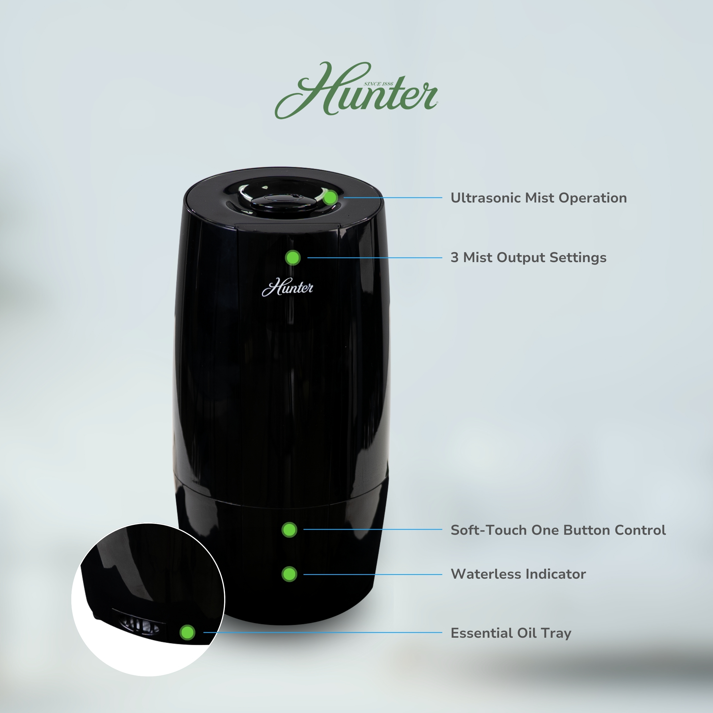 Hunter HHU400 Aspire Cool Mist 0.7 Gal Ultrasonic Humidifier, Black