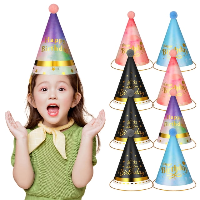 GOOHOCHY 8 piezas de sombreros de cumpleaños para niños, sombreros de fiesta de cumpleaños para niños, sombreros de cono para fiesta de cumpleaños