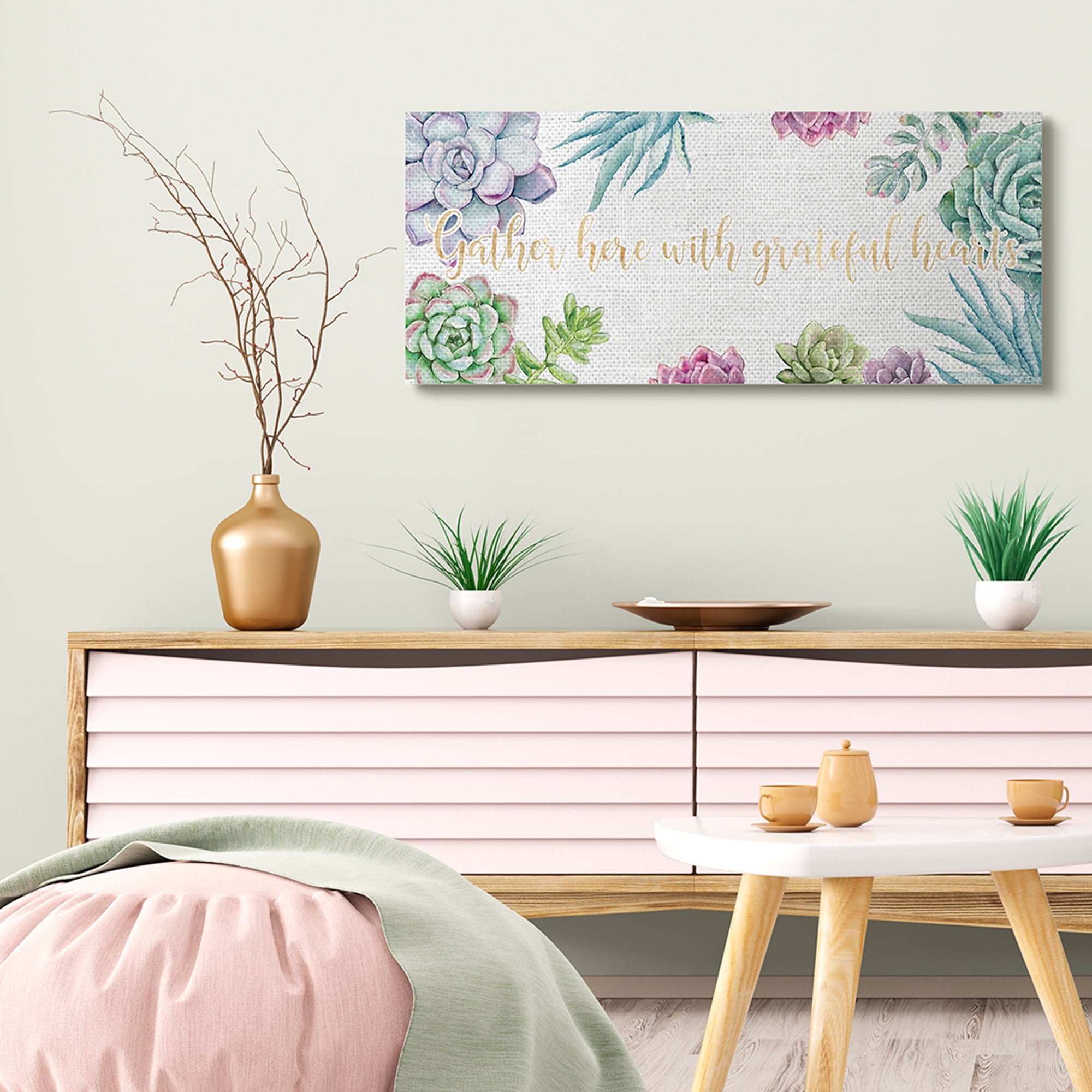 Stupell Industries Gather Here Grateful Hearts Phrase Blooming Succulents Botanical & Floral Painting Gallery Wrapped Canvas Art Print Wall Art, 17 x 40
