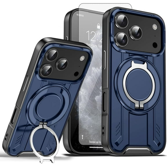 MYKOMI Phone Case Compatible with iPhone 17 Pro 6.3 inch Tempered Glass Screen Protector Magnetic Ring Holder 360° Stand Kickstand Wireless Charging i Phone17 i17 17Pro Cover for Women Men