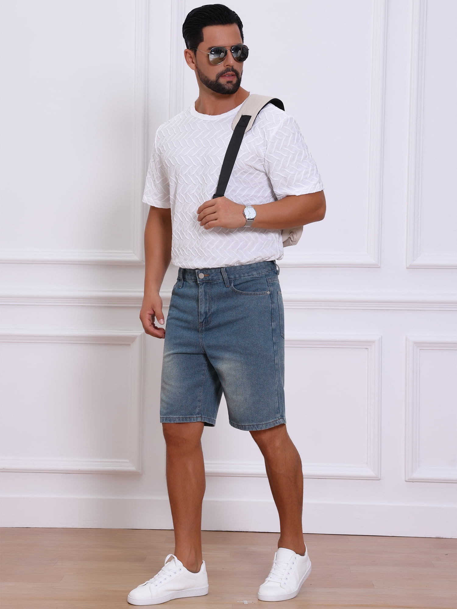 DARING DIVA Men's Textured Denim Above Knee Zipper Closure Jean Shorts 30 Dark Blue