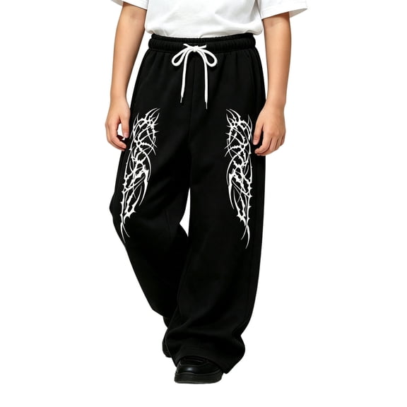 Kiijoy Boys Graphic Baggy Sweatpants Stylish Drawstring Sports Pants, Black, Sizes 4-15