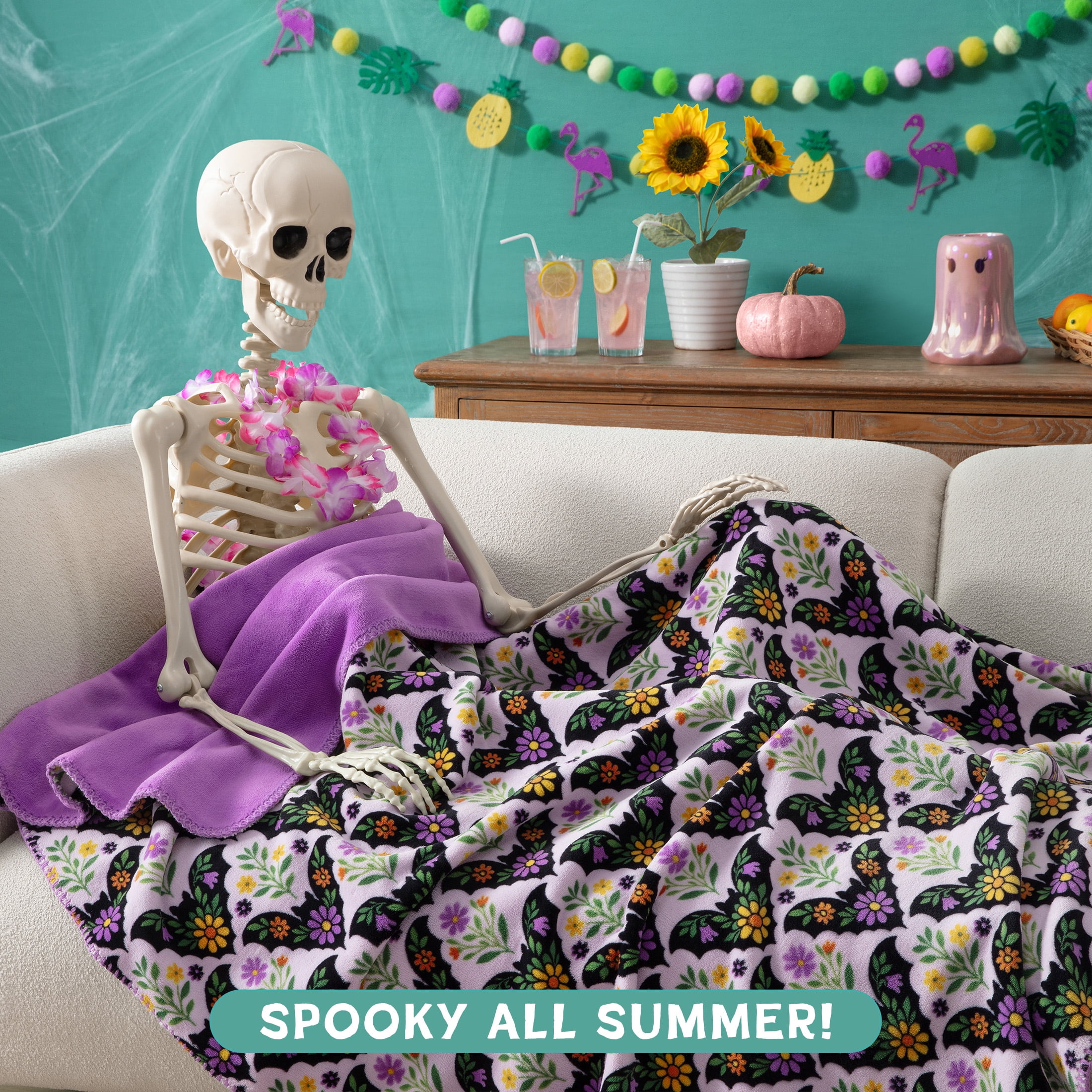 Boo-tique Soft Throw Blanket, Fleece Blanket, Halloween Floral Bats, Purple, 50" x 72"