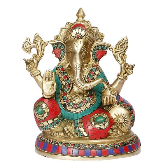 Brass World Lord Ganesh Multicolor Murti Ganesha Idol Ganpati Bhagwan Brass Statue for Home Entrance Good Luck Vastu Decoration Showpiece and Gift Height 9 Inches.