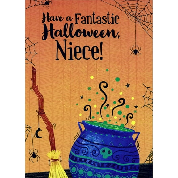 Designer Greetings Broom and Purple Cauldron with Green Potion Halloween Card for Teenager : Teen Niece