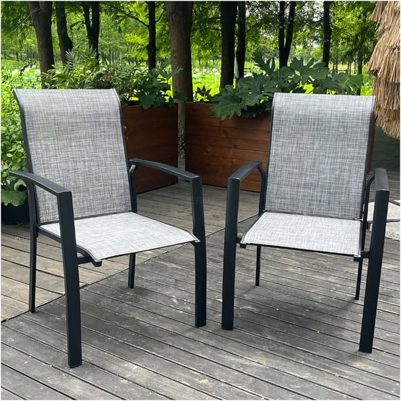 JERFIT 2-Pack Stackable Outdoor Dining Chairs, All-Weather Black Metal Frame with Gray Textilene Fabric, Patio Garden Poolside Seating