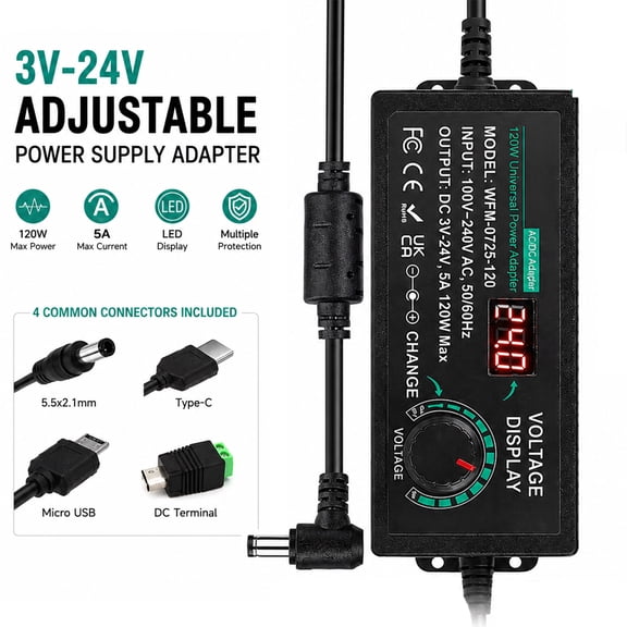 Adjustable Power Supply Adapter, 3V-24V 5A 120W Universal Power, Variable Switching AC/DC Adapter, 100V-240V AC to DC Converter with 14 Tips & LED Voltage Display for 3V to 24V Household Electronics