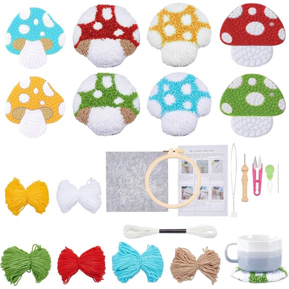 8 Pcs Punch Needle Kit for Adults Beginners Mushroom Punch Needle Coaster Kit Rug Tufting DIY Embroidery Kits Art Craft Supplie with Stamped Fabric Hoops Yarns and Sewing Needles