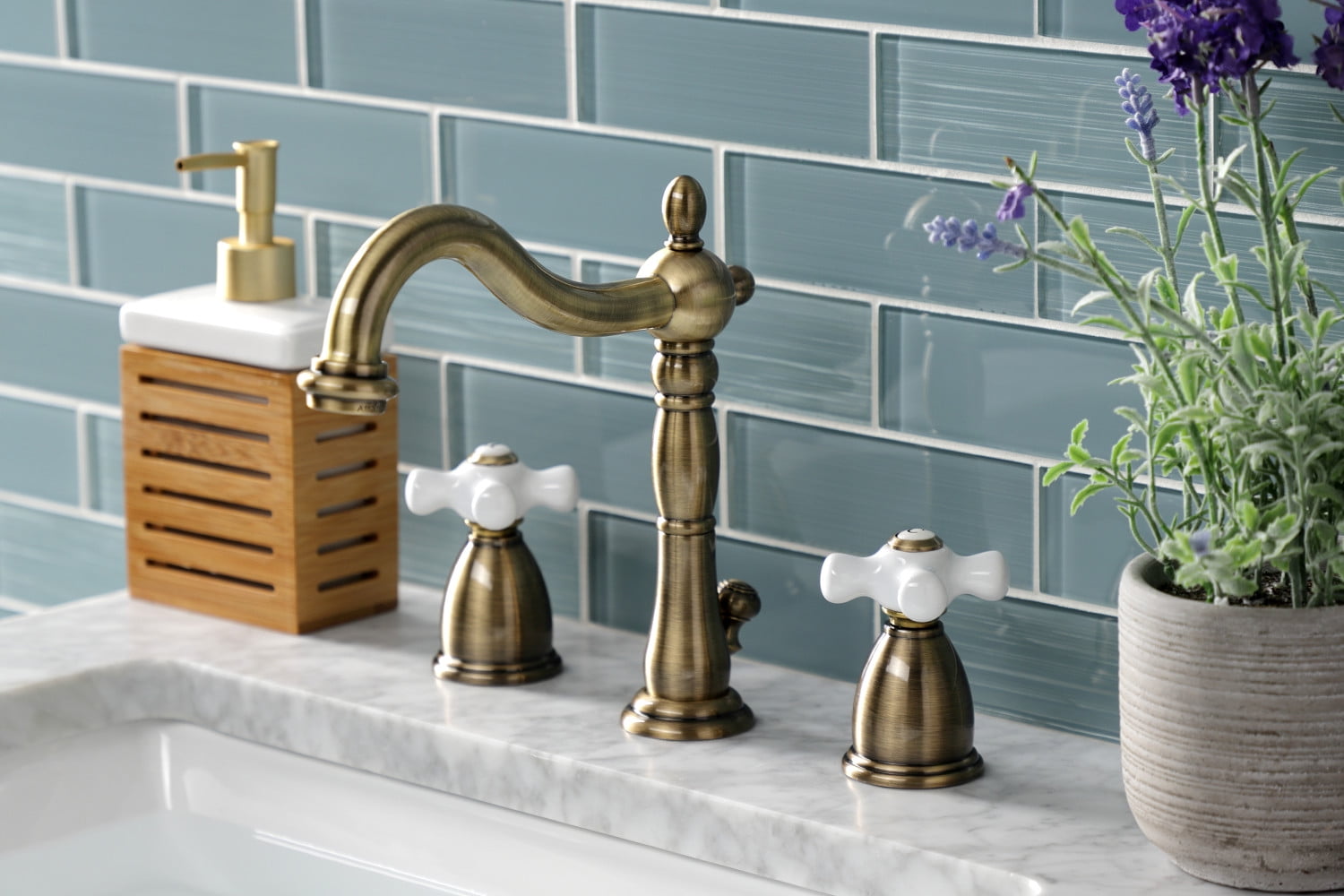 Kingston Brass KB1973PX 8 in. Widespread Mounted Bathroom Faucet, Antique Brass