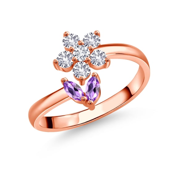 Gem Stone King 18K Rose Gold Plated Silver Purple Amethyst White Created Sapphire and White Lab Grown Diamond Flower Open Ring for Women (0.48 Cttw, Gemstone February Birthstone, Size 8)