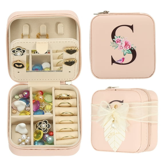 Uxcell Travel Jewelry Case, S Initial Small Travel Jewelry Box Organizer Rings Earrings Storage Case Gifts, Pink
