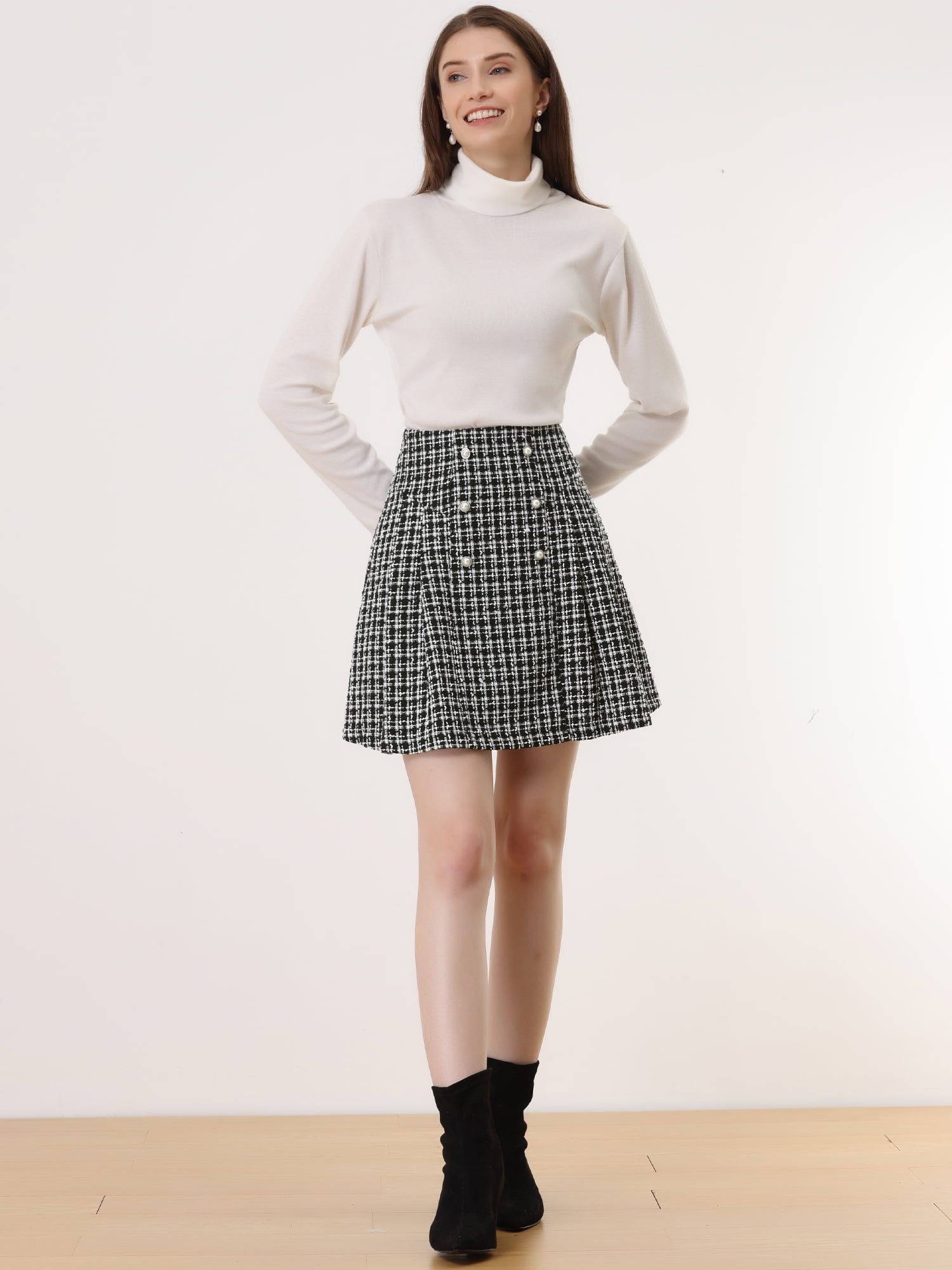 DARING DIVA Women's Elegant High Waist Button Decor A-Line Skirts XL Black White
