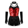 thumbnail image 5 of Kaerm Kid Girls Modern Latin Dance Outfit Halter Sequin Fringed Leotard with Gloves Red 14, 5 of 7