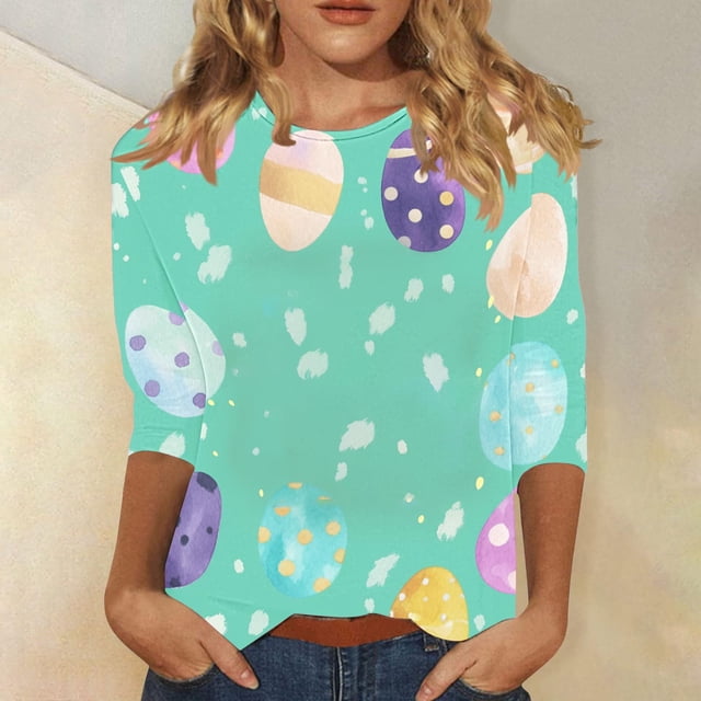 TaTaai Spring Top for Women Easter Print 3/4 Sleeve Round Neck Casual Loose Fit T Shirt Fashion Pullover Soft Lightweight Blouse for Summer Daily Outing Gift