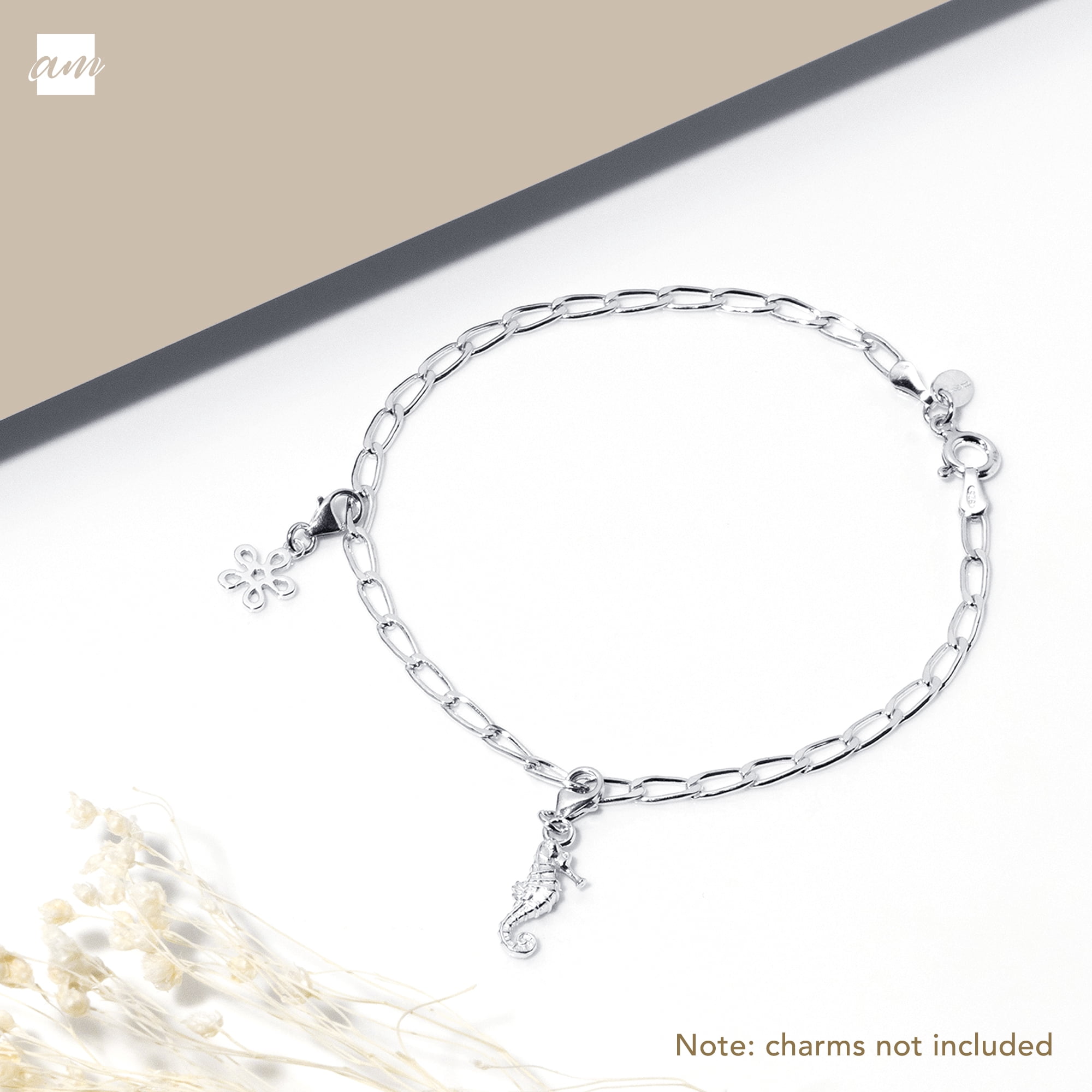 Amberta Women's 925 Sterling Silver Link Chain Bracelet for Charms (Adjustable): Silver
