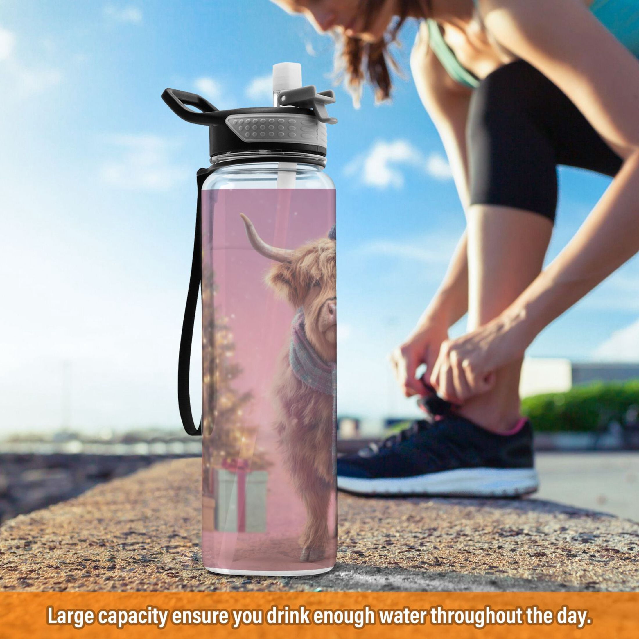 1000ML Transparent Sports Water Bottle with Handle & Straw Portable Water Bottle for Outdoor Camping Gym Cow Wearing Christmas