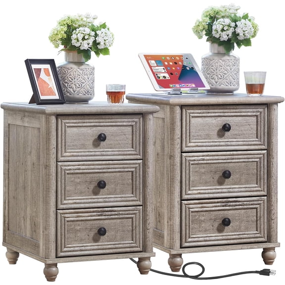 18" Farmhouse Night Stand Set 2, Gray 3 & 3 Drawers Wood Nightstand, Bedside End Table with Storage and Roman Column, Bed Side Tables Cabinet for Bedroom, Living Room, and Closet