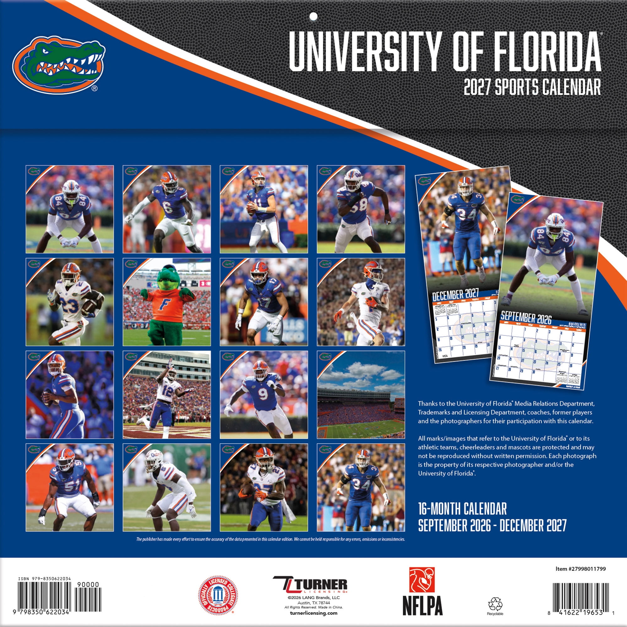 2027 Florida Gators, 12x12 Team Wall Calendar, 12"x12", Multicolor