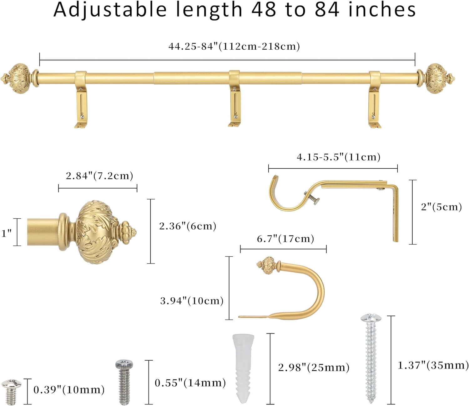 eTeckram 1" Single Curtain Rod with Albert Finials and holdbacks (48''-84'',Gold)