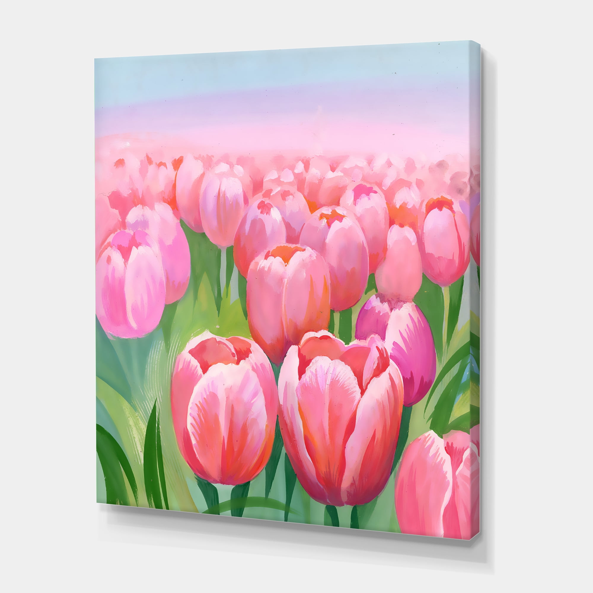 Designart ' Pink Tulips in Field ' Traditional Canvas Wall Art Print