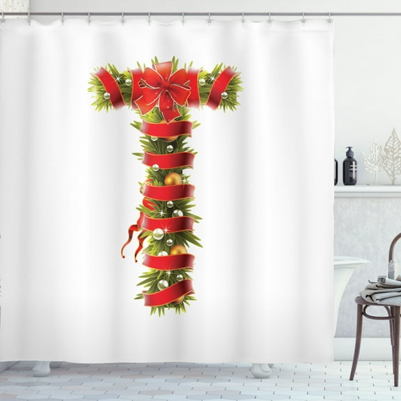 Ambesonne Christmas Alphabet Shower Curtain, T Letter Motif, 69"Wx70"L, Pearl and Olive Green