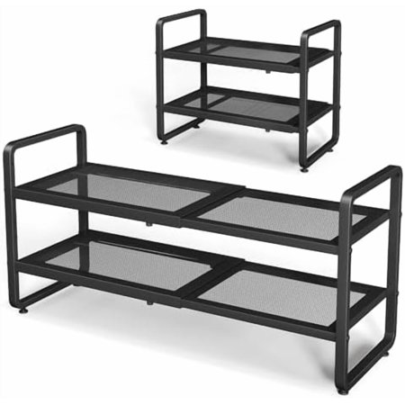 Shoe Rack - Expandable Shoe Organizer for Closet Adjustable Metal Shoe Shelf Storage Stackable Long Shoe Stand Holder for Garage Entryway Door Entrance (Black 2-Tier)