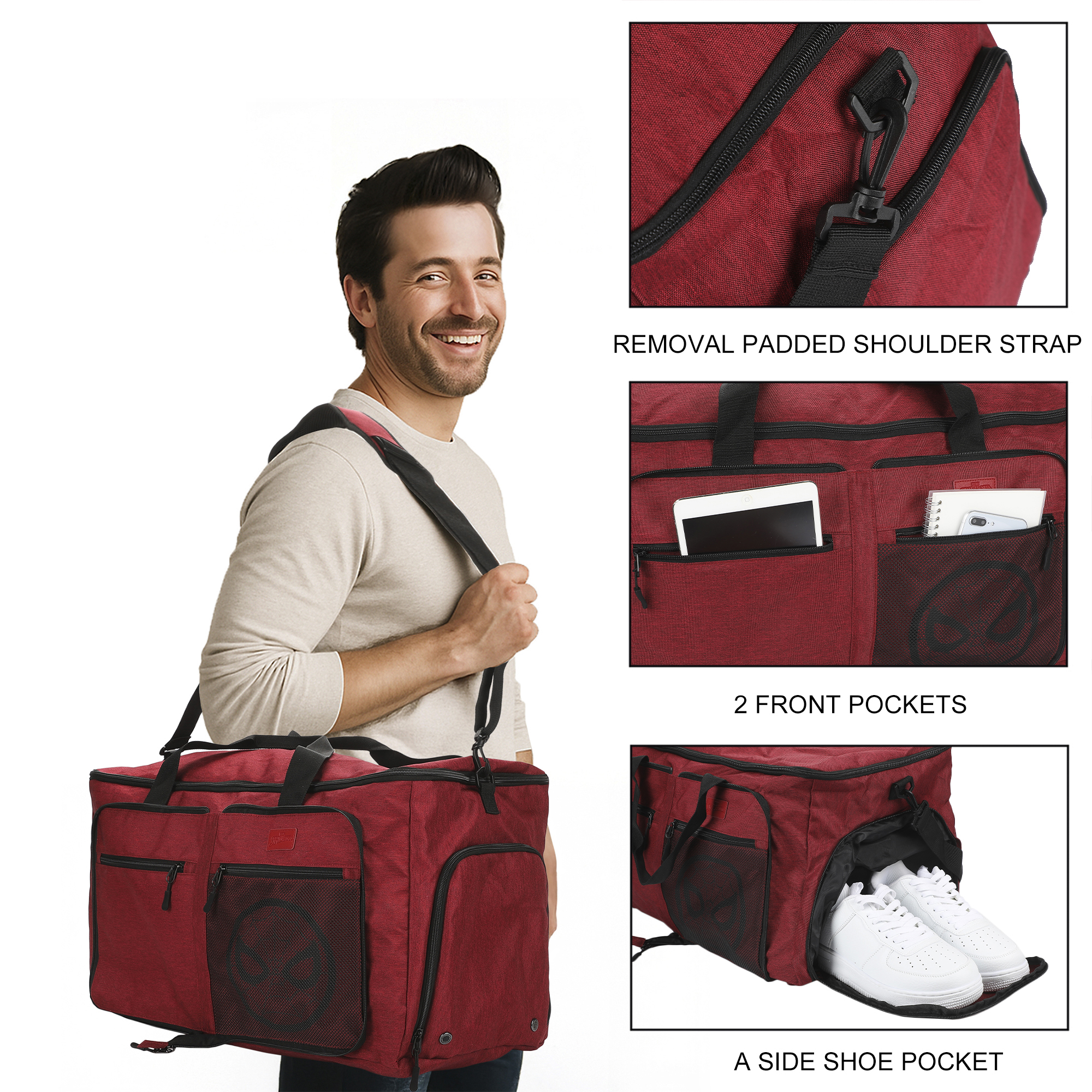 Spider-Man Logo Red 24" Packable Travel Duffle Bag with Shoe Compartment, Removable Shoulder Strap & Front Storage Pockets