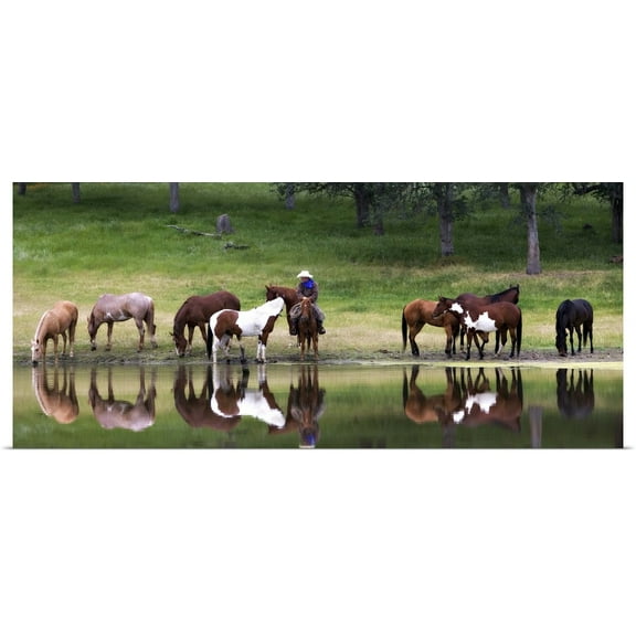 Great BIG Canvas | Rolled Scott Stulberg Poster Print entitled Cowboy and horses by a lake near Yosemite, California