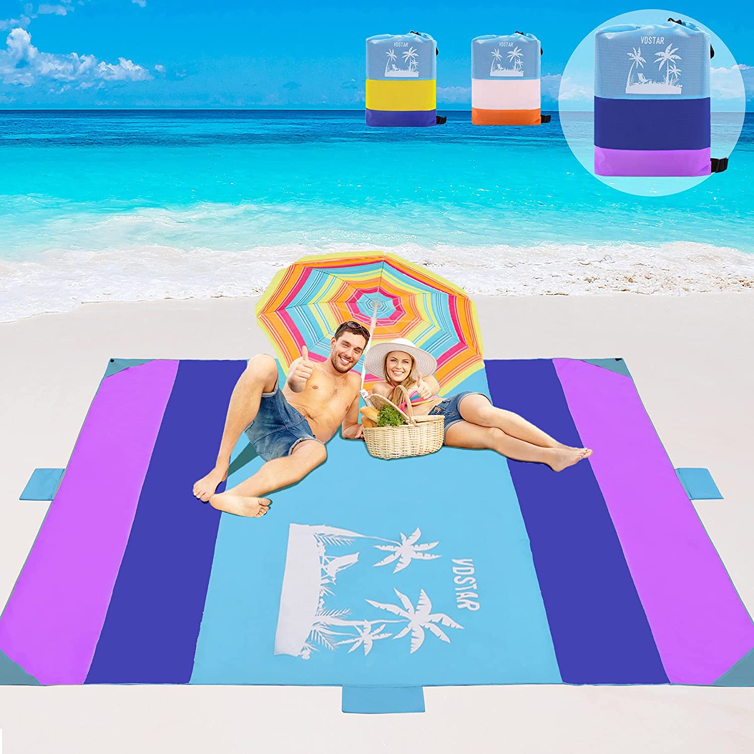 VDSTAR Beach Blanket Double Anchored with 4 Corner Sand Pockets and 5 Stakes Camping Hiking Picnic Blankets for Vacation,Travel Large Waterproof Sandproof Beach Mat for 3-9 Adults