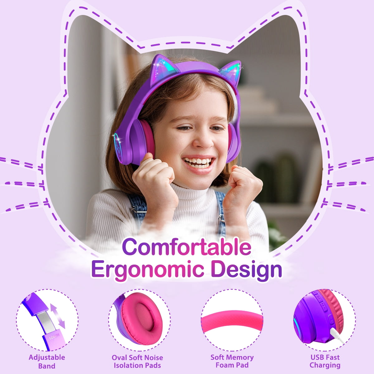 LOBKIN Kids Wireless Headphones, Cat Ear Headphones with LED Lights for Boys/Girls, Childrens Bluetooth Headphones Foldable with Microphone for Phone/Tablet/Laptop (Purple Pink)