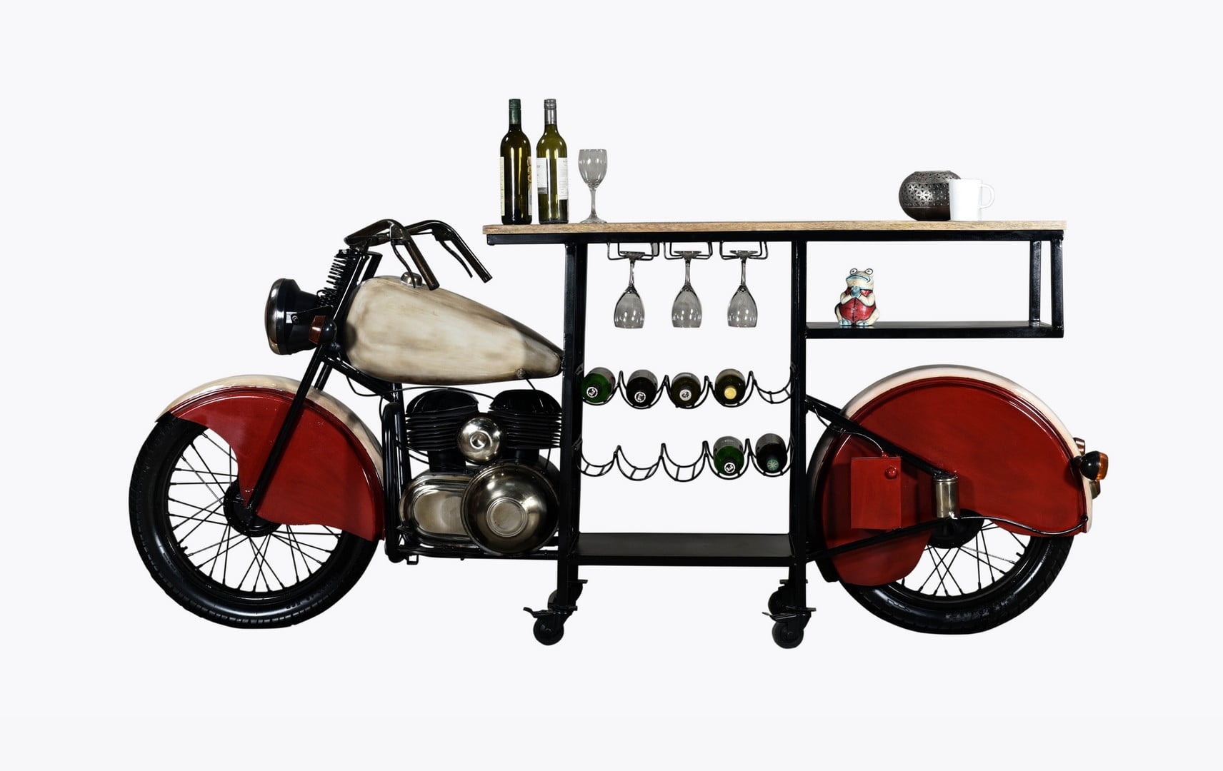 18" X 93" X 39" Red and White Red And White Motorcycle Wine Bar