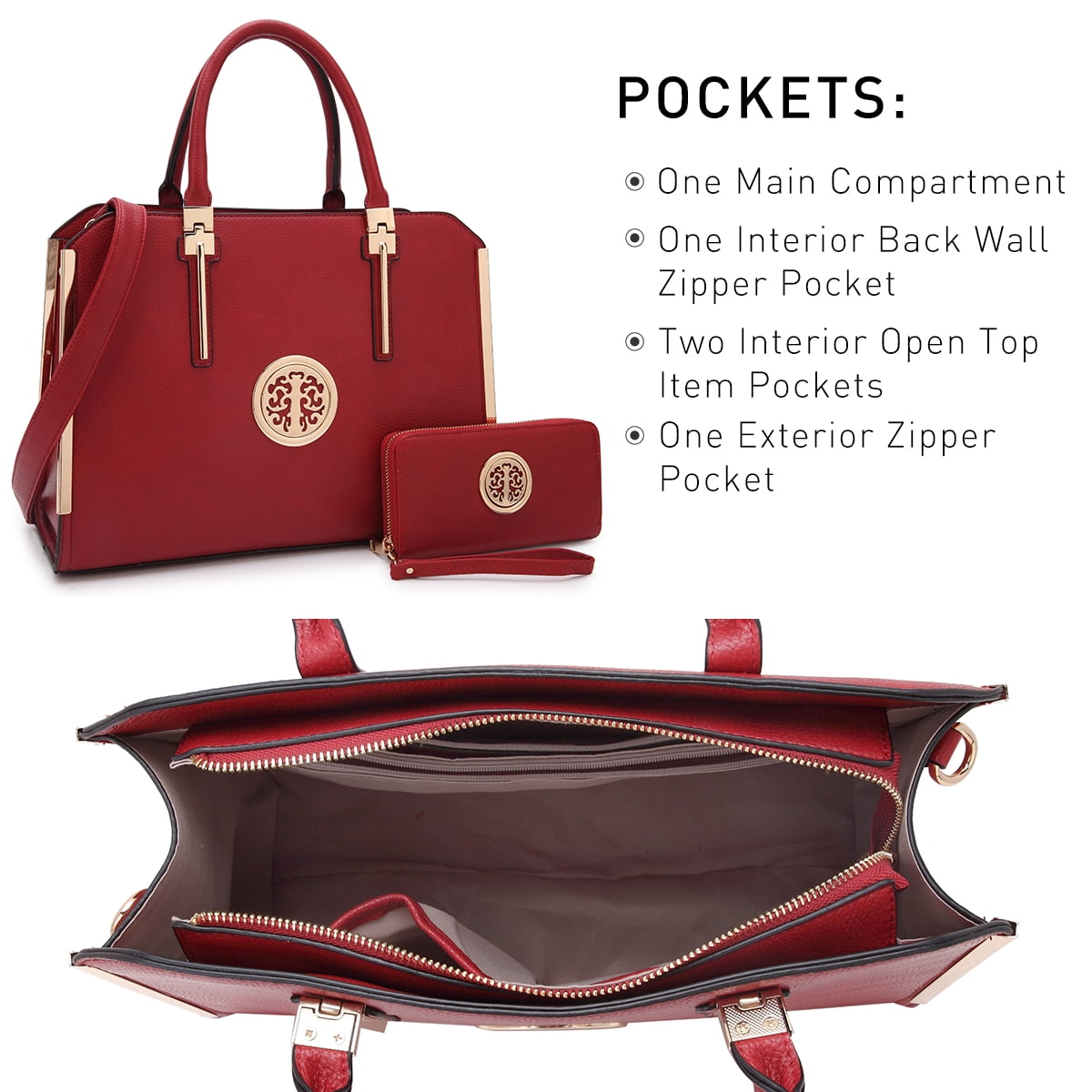 Dasein Women Large Handbag Purse Vegan Leather Satchel Work Bag Shoulder Tote with Matching Wallet